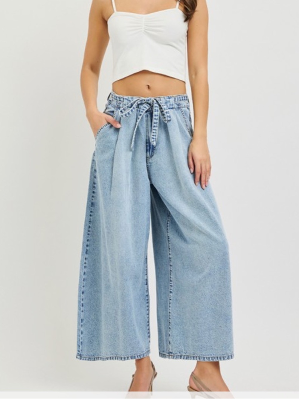 Wide Leg Light Wash Denim Jeans with Tie Waist
